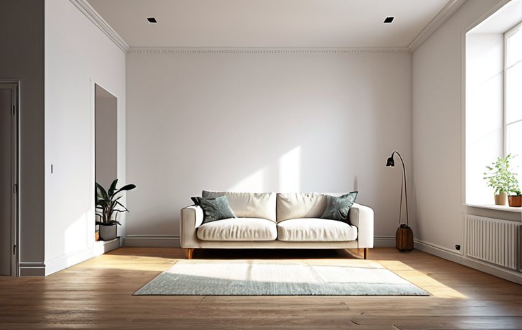 A minimalist living room with empty white walls, bathed in natural light, creating a sense of freedom and spaciousness.